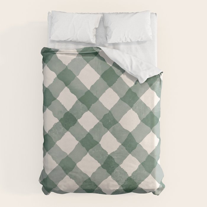 Hand Painted Dark Green Festive Gingham Theme Duvet Cover Gallery Image 1