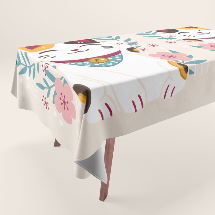 Japanese Lucky Cat with Cherry Blossoms Tablecloth Gallery Image 1