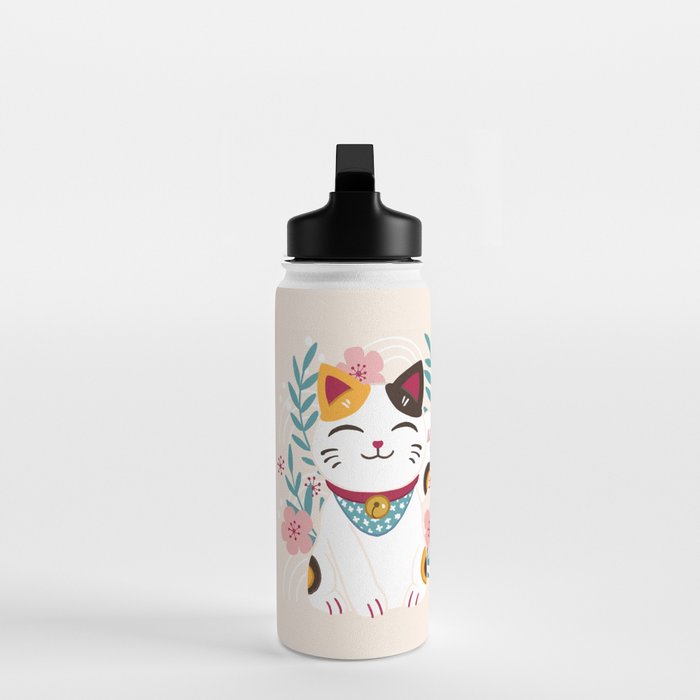 Japanese Lucky Cat with Cherry Blossoms Water Bottle Gallery Image 3