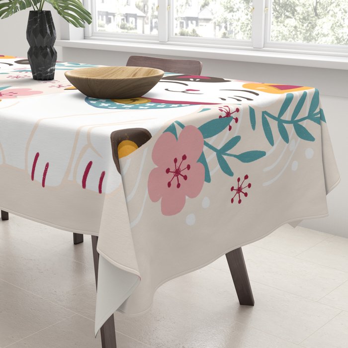 Japanese Lucky Cat with Cherry Blossoms Tablecloth Gallery Image 3