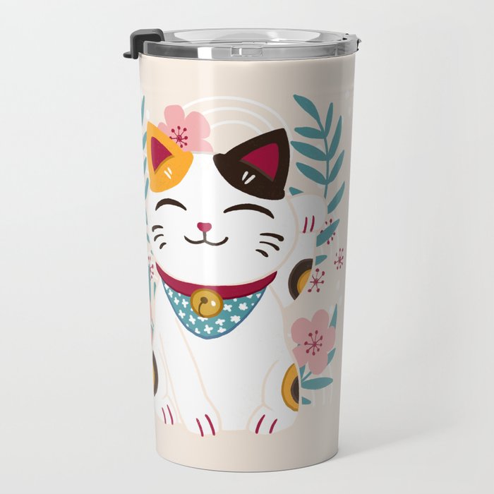 Japanese Lucky Cat with Cherry Blossoms Travel Mug Gallery Image 3