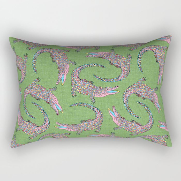 Crocodiles (Textured Green and Pink) Rectangular Pillow Gallery Image 1