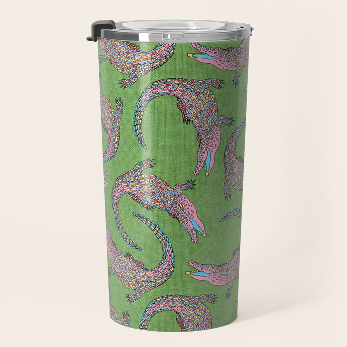 Crocodiles (Textured Green and Pink) Travel Mug Gallery Image 3