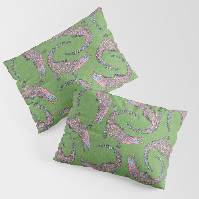 Crocodiles (Textured Green and Pink) Pillow Sham Gallery Image 1