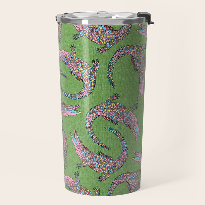 Crocodiles (Textured Green and Pink) Travel Mug Gallery Image 2