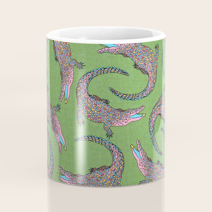 Crocodiles (Textured Green and Pink) Coffee Mug Gallery Image 4