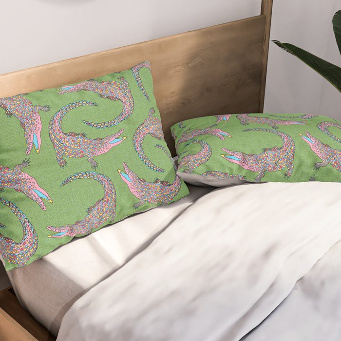 Crocodiles (Textured Green and Pink) Pillow Sham Gallery Image 2