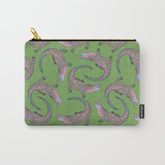 Crocodiles (Textured Green and Pink) Carry All Pouch Gallery Image 1