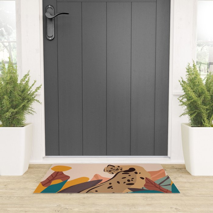Jungle Leopard with Tropical Leaves in Earthy Colors Welcome Mat Gallery Image 3