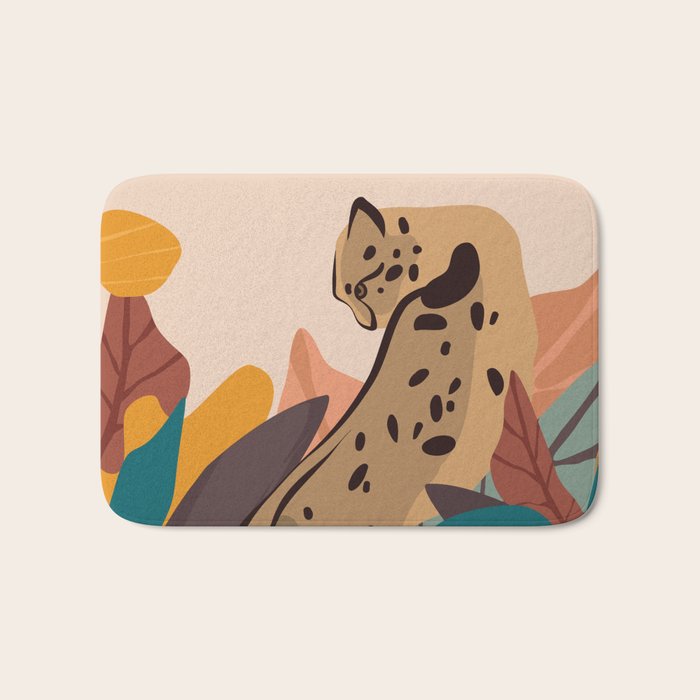 Jungle Leopard with Tropical Leaves in Earthy Colors Bath Mat Gallery Image 1