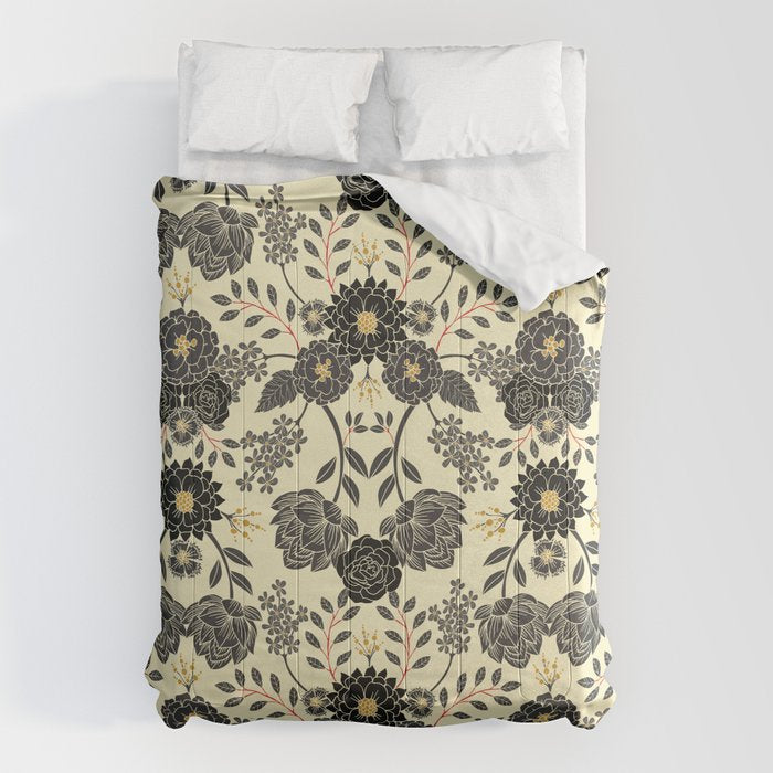Gray, Black, Cream, Yellow & Red Sophisticated Floral Pattern Comforter Gallery Image 1