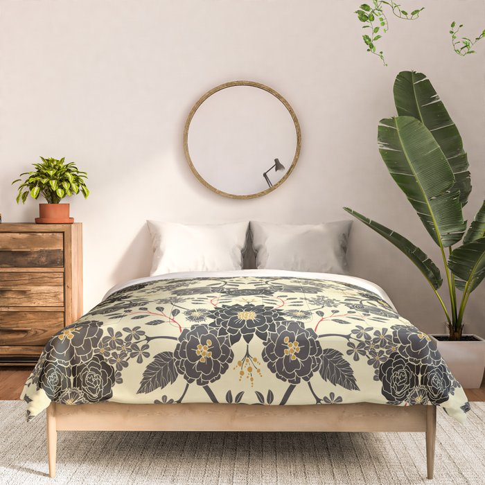 Gray, Black, Cream, Yellow & Red Sophisticated Floral Pattern Comforter Gallery Image 3