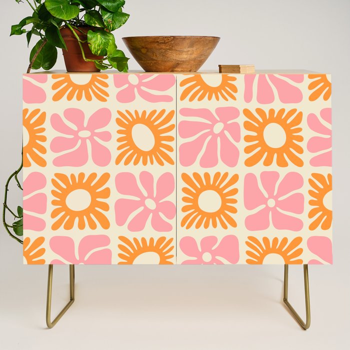 Retro checkered flower mosaic art pattern Credenza Gallery Image 1