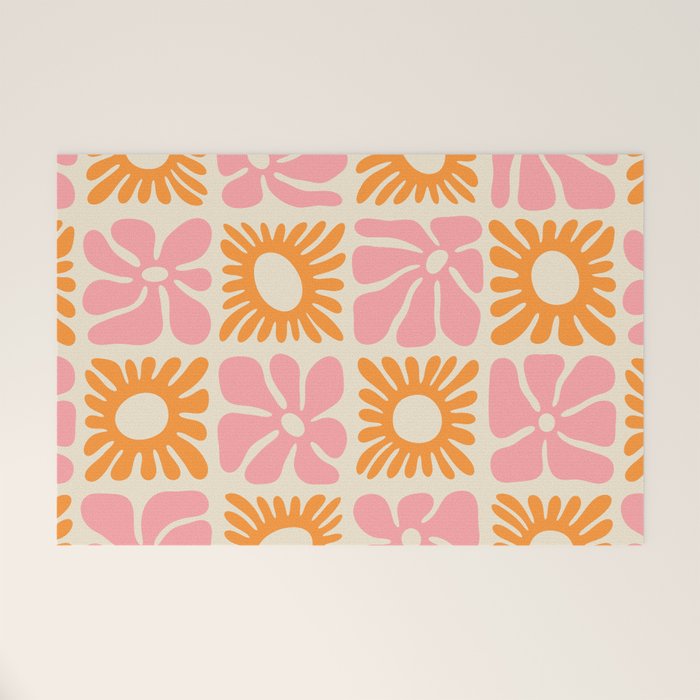 Retro checkered flower mosaic art pattern Welcome Mat Gallery Image 1