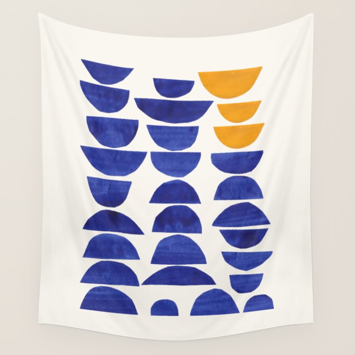'Sunset Eyes' Mid Century Modern Minimalist Paper Collage Semicircles Blue Yellow Colors Wall Tapestry Gallery Image 1