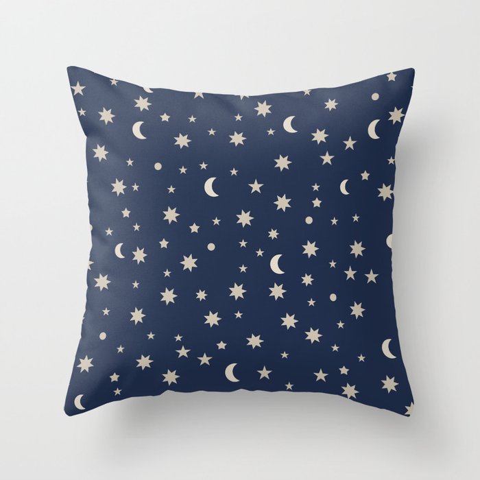 Moon Stars Pattern - Dark Blue Throw Pillow Gallery Image 1