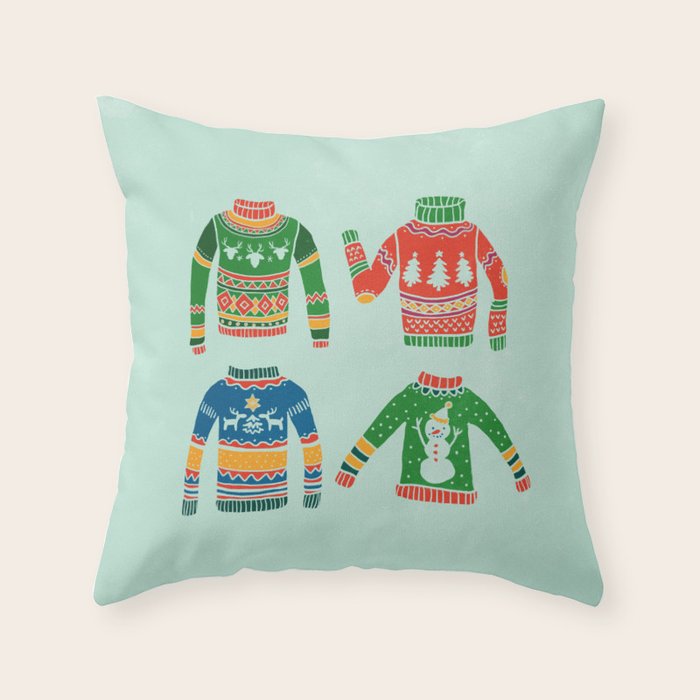 Vintage Ugly Christmas Sweaters: Mint Green Edition Throw Pillow Gallery Image 1