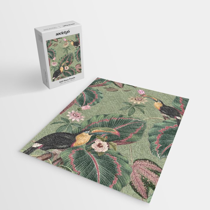 Tropical jungle vintage toucans and passiflora flower green botanical jungle Jigsaw Puzzle Gallery Image 2