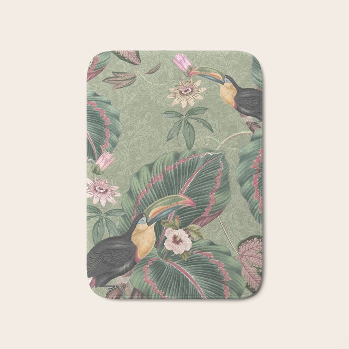 Tropical jungle vintage toucans and passiflora flower green botanical jungle Bath Mat Gallery Image 1