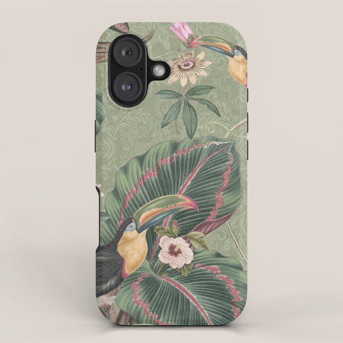 Tropical jungle vintage toucans and passiflora flower green botanical jungle iPhone Case Gallery Image 1