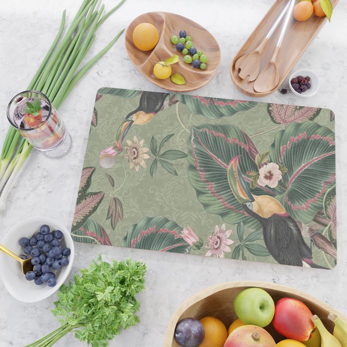 Tropical jungle vintage toucans and passiflora flower green botanical jungle Cutting Board Gallery Image 2