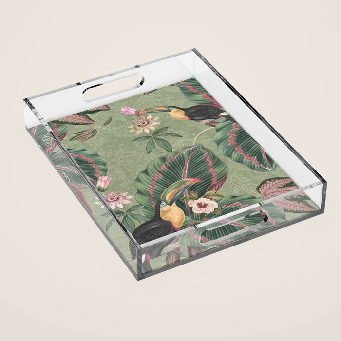 Tropical jungle vintage toucans and passiflora flower green botanical jungle Acrylic Tray Gallery Image 1