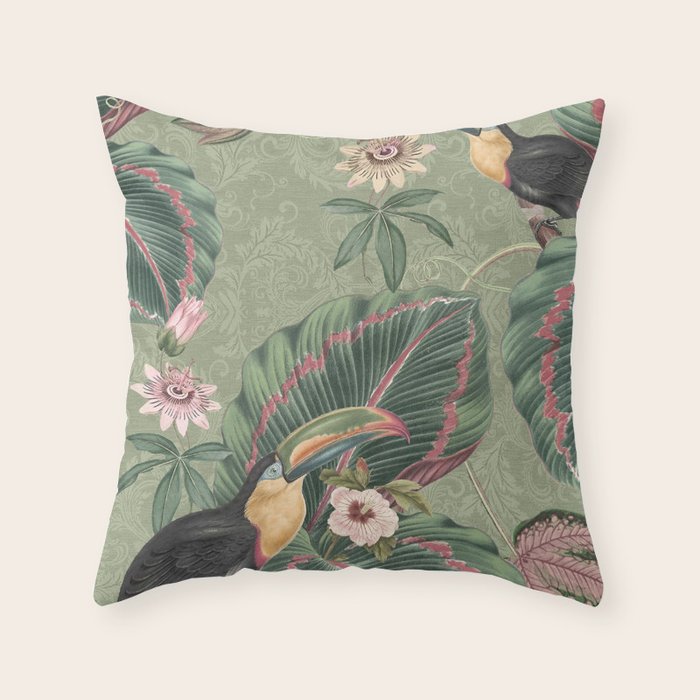 Tropical jungle vintage toucans and passiflora flower green botanical jungle Throw Pillow Gallery Image 6