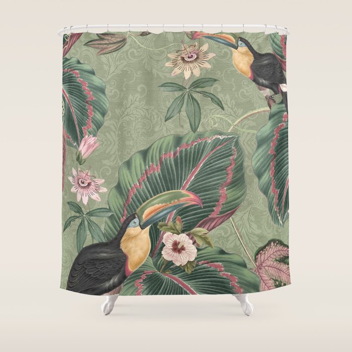 Tropical jungle vintage toucans and passiflora flower green botanical jungle Shower Curtain Gallery Image 1