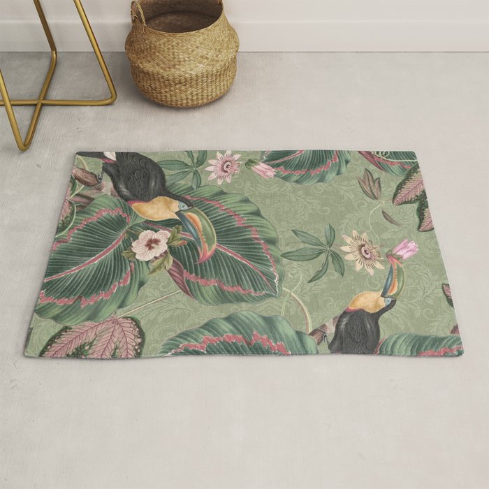 Tropical jungle vintage toucans and passiflora flower green botanical jungle Rug Gallery Image 1