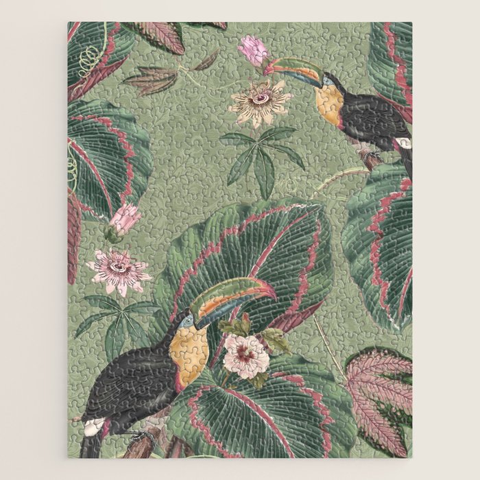 Tropical jungle vintage toucans and passiflora flower green botanical jungle Jigsaw Puzzle Gallery Image 1