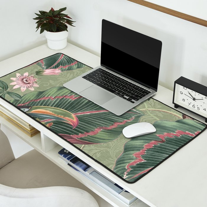 Tropical jungle vintage toucans and passiflora flower green botanical jungle Desk Mat Gallery Image 2