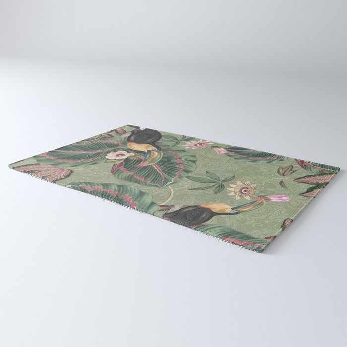 Tropical jungle vintage toucans and passiflora flower green botanical jungle Rug Gallery Image 3