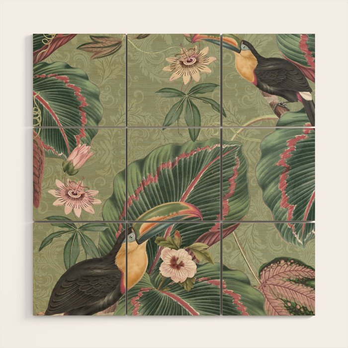 Tropical jungle vintage toucans and passiflora flower green botanical jungle Wood Wall Art Gallery Image 1