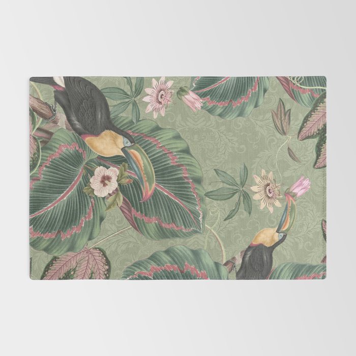 Tropical jungle vintage toucans and passiflora flower green botanical jungle Rug Gallery Image 2