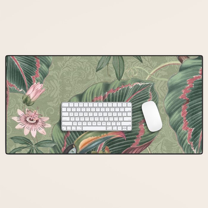 Tropical jungle vintage toucans and passiflora flower green botanical jungle Desk Mat Gallery Image 1