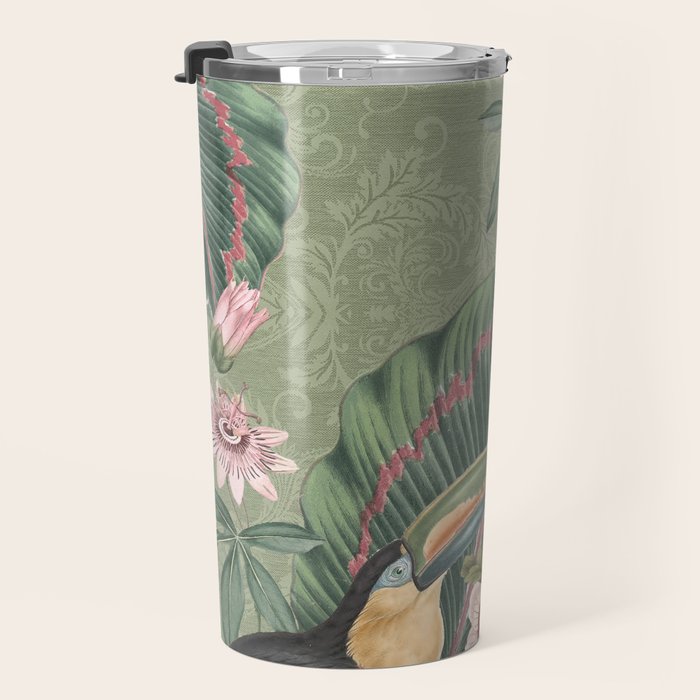 Tropical jungle vintage toucans and passiflora flower green botanical jungle Travel Mug Gallery Image 3