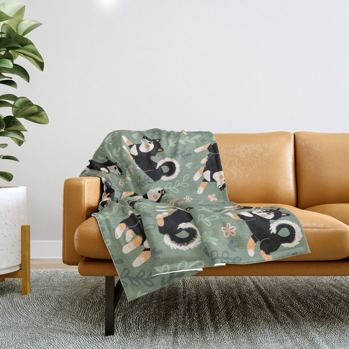 Playful Black And Tan Shiba Inu Pattern Throw Blanket Gallery Image 1