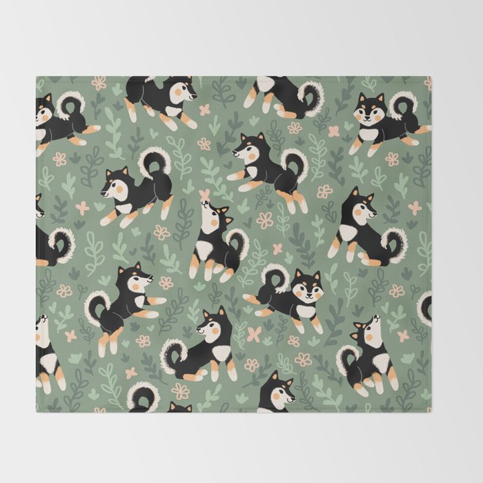 Playful Black And Tan Shiba Inu Pattern Throw Blanket Gallery Image 2