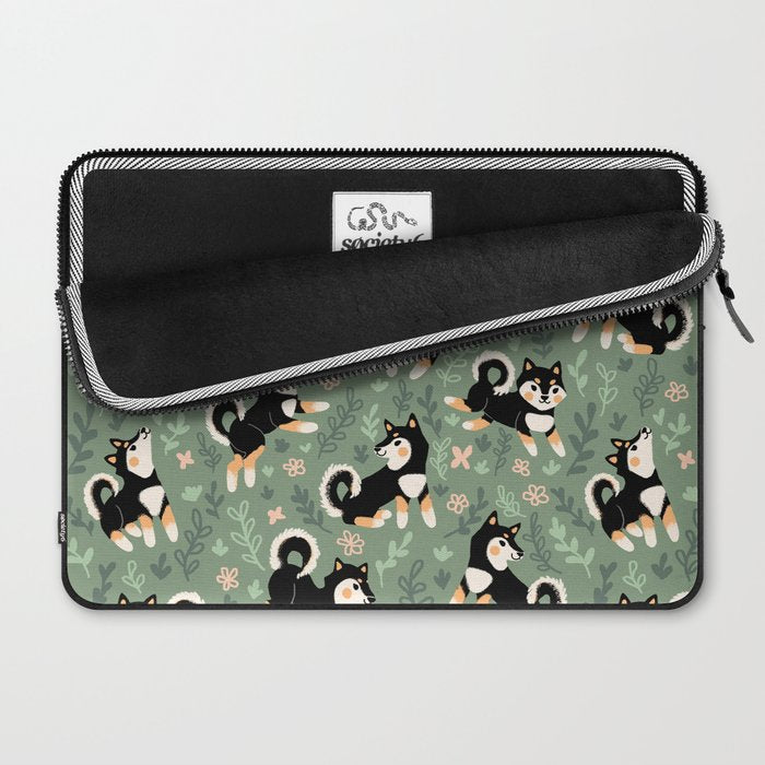 Playful Black And Tan Shiba Inu Pattern Laptop Sleeve Gallery Image 2