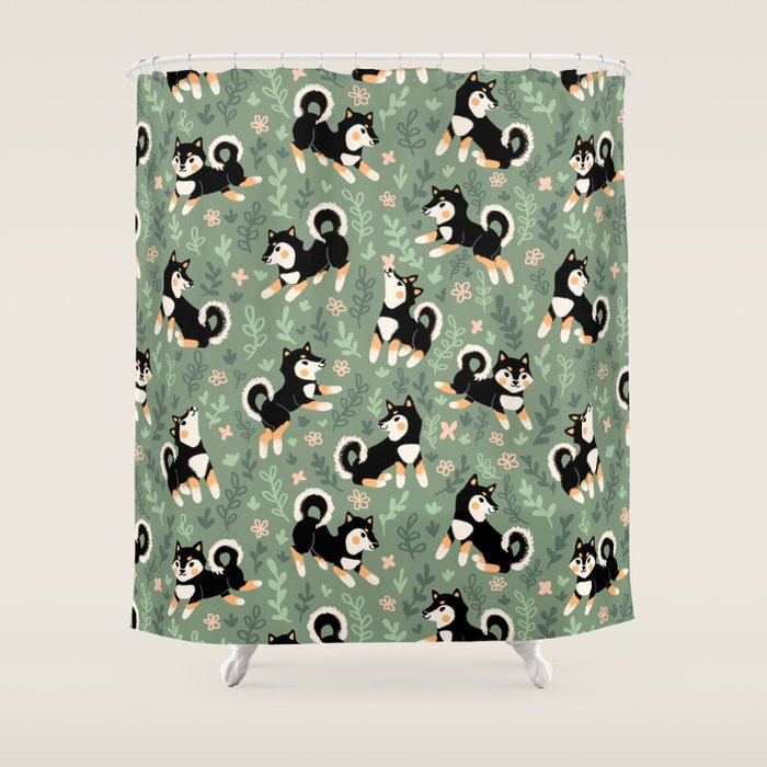 Playful Black And Tan Shiba Inu Pattern Shower Curtain Gallery Image 1