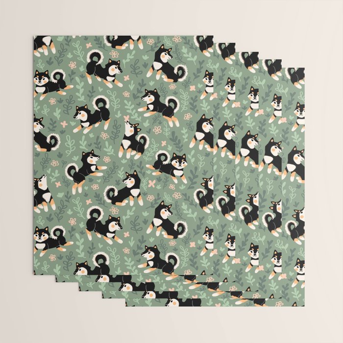 Playful Black And Tan Shiba Inu Pattern Wrapping Paper Gallery Image 3