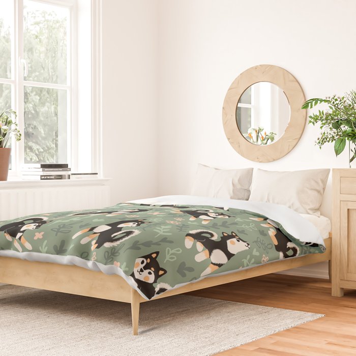 Playful Black And Tan Shiba Inu Pattern Duvet Cover Gallery Image 2