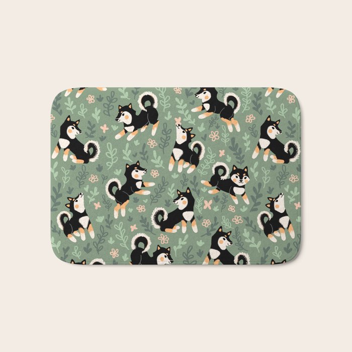 Playful Black And Tan Shiba Inu Pattern Bath Mat Gallery Image 1