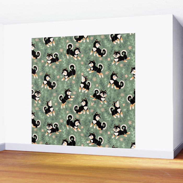 Playful Black And Tan Shiba Inu Pattern Wall Mural Gallery Image 2