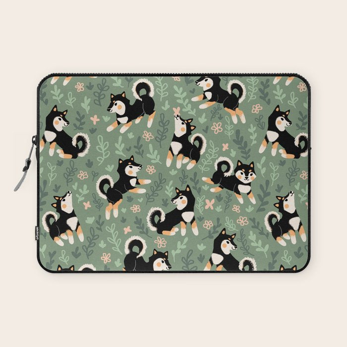 Playful Black And Tan Shiba Inu Pattern Laptop Sleeve Gallery Image 1