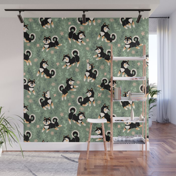 Playful Black And Tan Shiba Inu Pattern Wall Mural Gallery Image 1