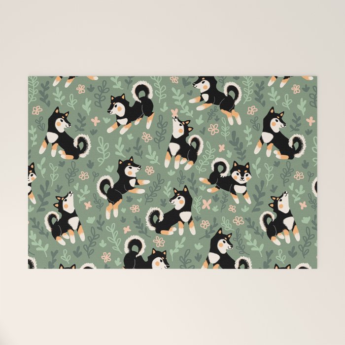Playful Black And Tan Shiba Inu Pattern Welcome Mat Gallery Image 1
