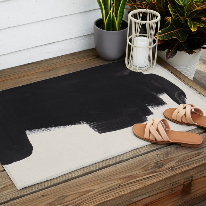 Mid Century Modern Minimalist Abstract Art Brush Strokes Black & White Ink Art Colorfield Outdoor Rug Gallery Image 2