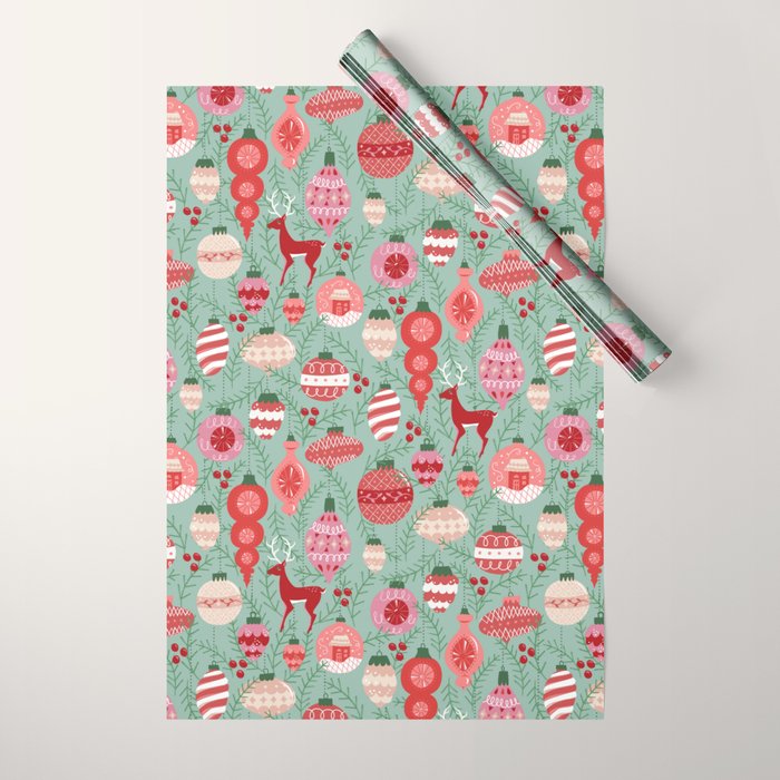 Mid-Century Ornaments in Red and Mint Wrapping Paper Gallery Image 1