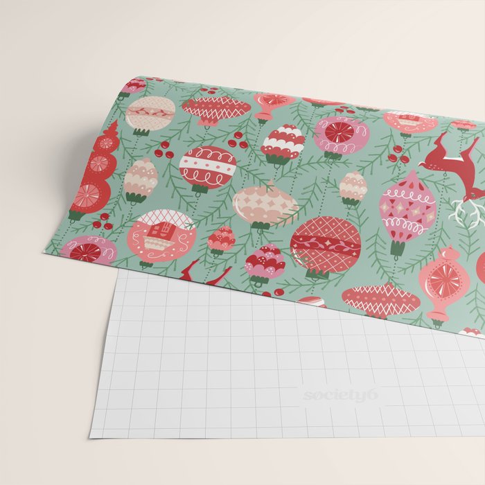 Mid-Century Ornaments in Red and Mint Wrapping Paper Gallery Image 2